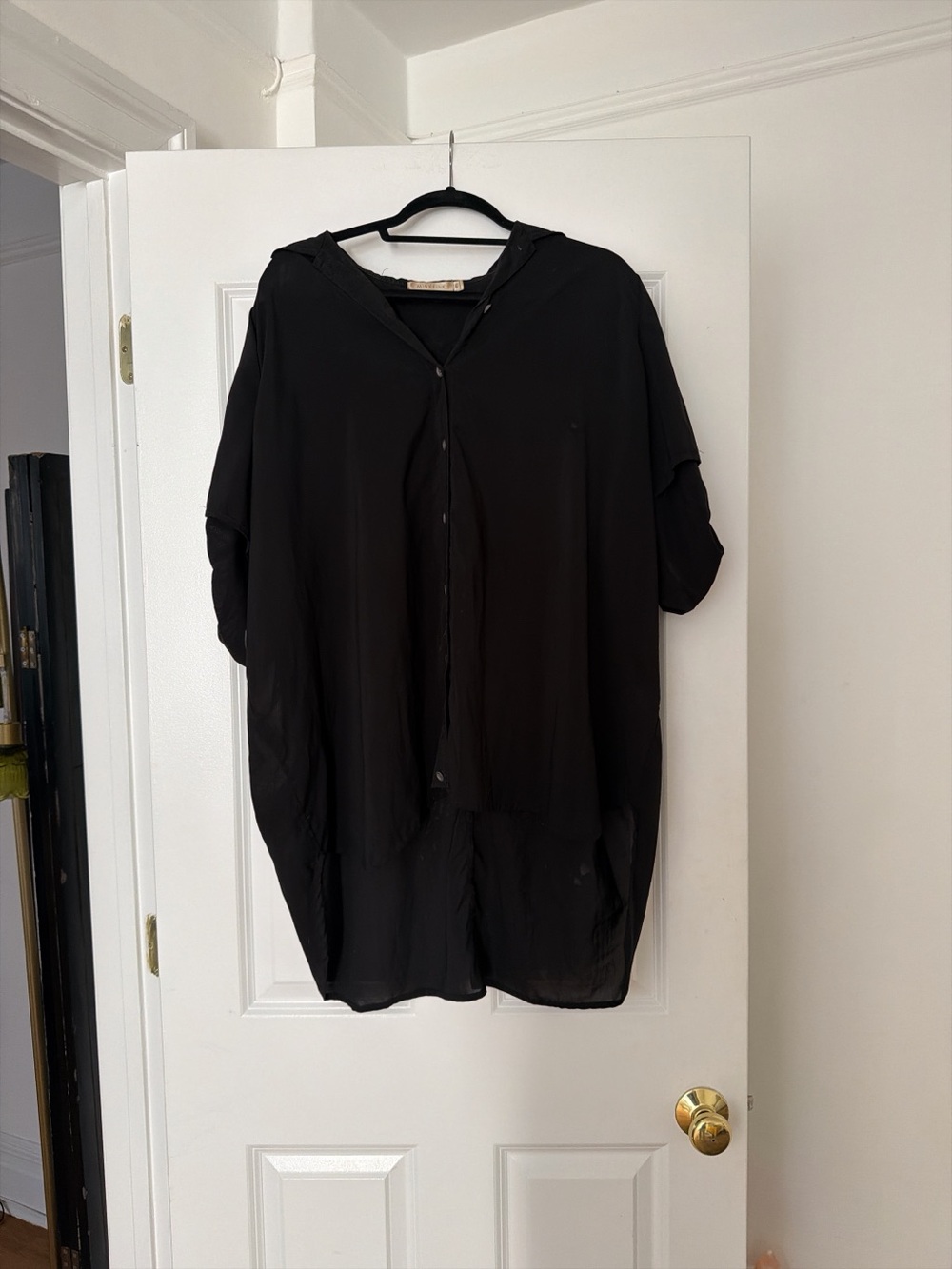 Black Button-Front Oversized Sheer Tunic Top